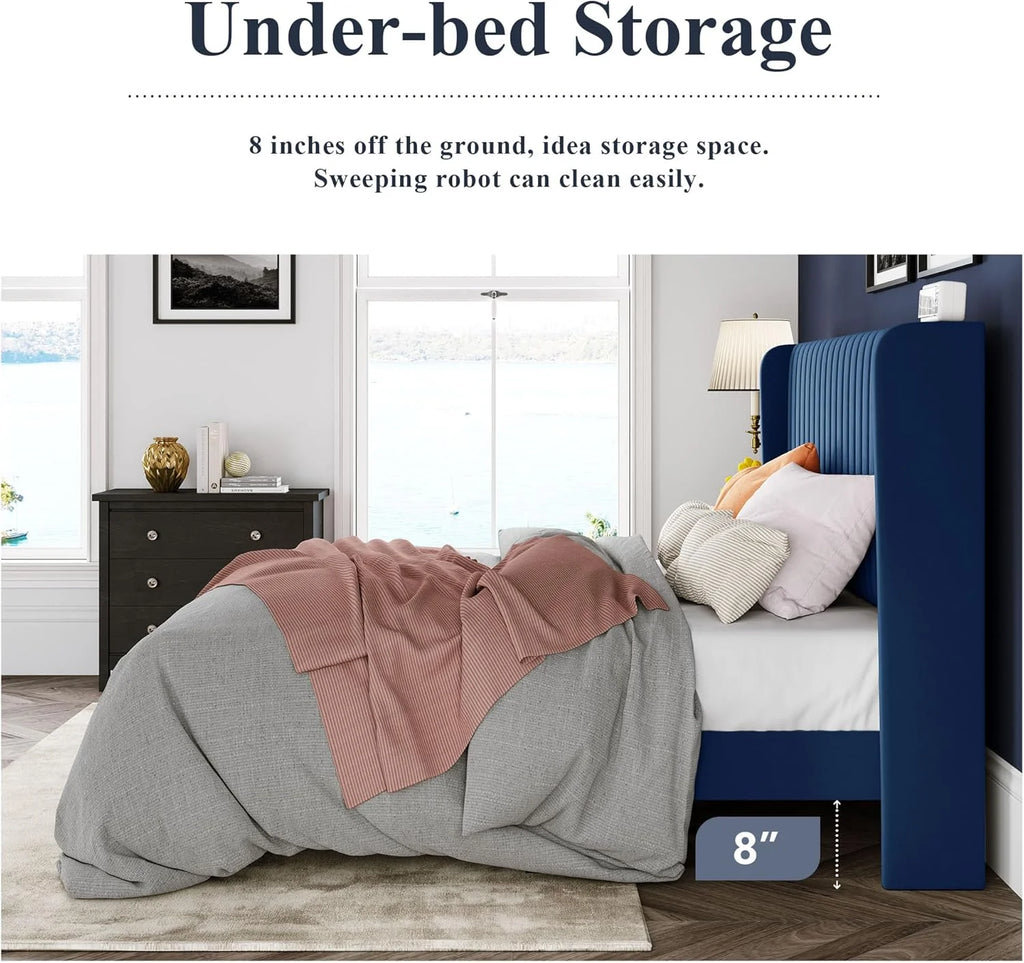 Allewie Full Size Velvet Bed Frame Vertical Channel Tufted Wingback Headboard Upholstered Bed