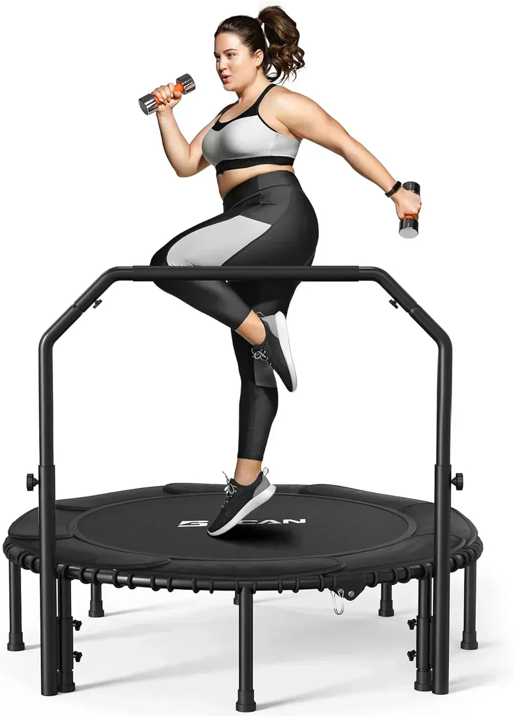 BCAN 450/550 LBS Foldable Mini Trampoline Fitness Trampoline Bungees Adjustable Foam Handle