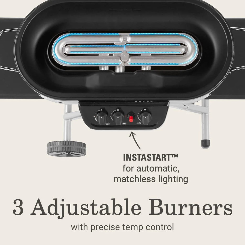 RoadTrip 285 Portable Stand-Up Propane Grill with 3 Adjustable Burners & Instastart Ignition, 20,000 BTUs of Power for Outdoor Cooking, Camping, Tailgating, Grilling, BBQs, & More