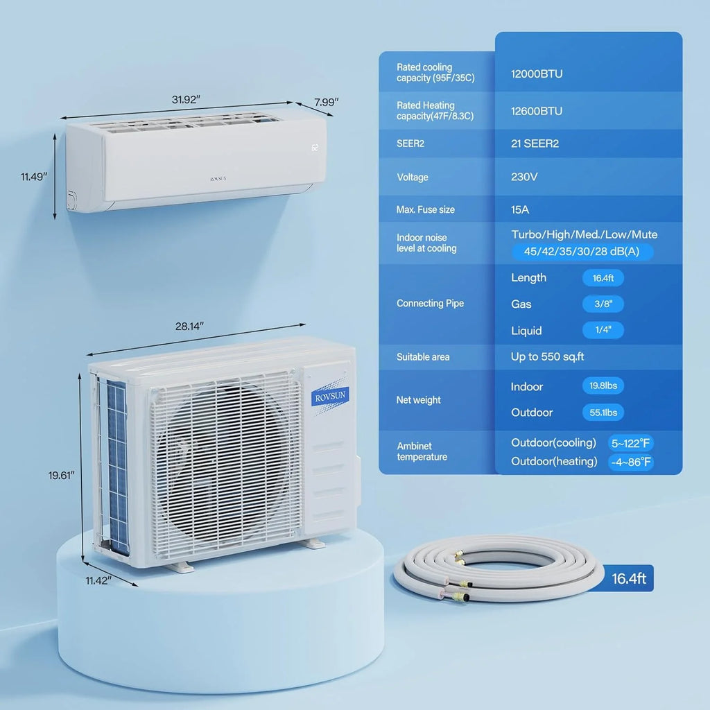 ROVSUN 9000 BTU Wifi Enabled Mini Split Air Conditioner & Heater with Inverter, 19 SEER2 Energy Saving 115V Ductless Split AC Unit with Pre-Charged Condenser, Heat Pump & Installation Kit