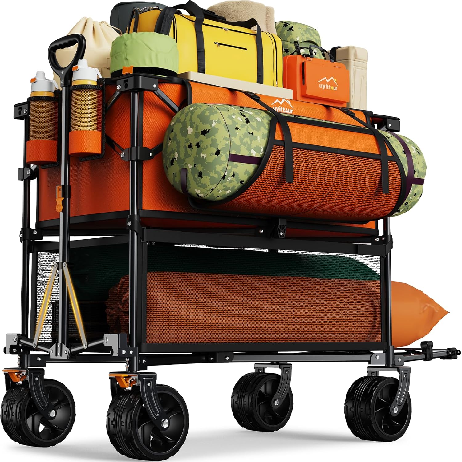 Foldable 50''L Extra Long Double Decker Wagon for Sport, 400L Collapsible Heavy Duty Wagon Cart with Big Wheels, Utility All-Terrain Large Extender Cart for Outdoors