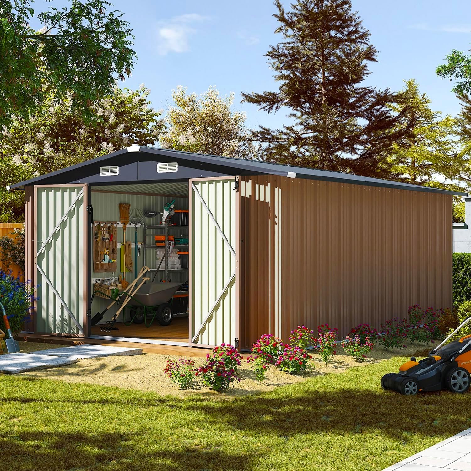 Aoxun 12x10 FT Shed Metal Outdoor Waterproof Storage Shed Steel Utility Garden Tool Shed with Door & Lock Outdoor Storage for Garden Patio Lawn Poolside, Brown