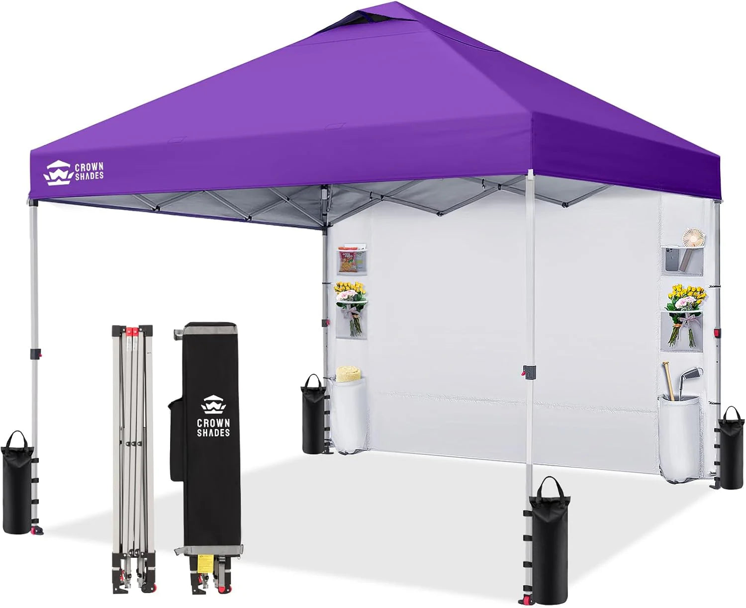 CROWN SHADES Canopy Tent 10x10 Pop Up Canopy Outdoor Shade with Pockets Sidewall, Easy Up Sun Shelter with One Person Set Up Center Lock, Portable Instant Camping Beach Canopy Tents, Purple