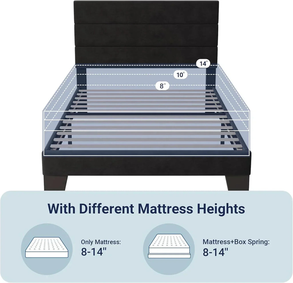 Allewie Queen Size Platform Bed Frame with Fabric Upholstered Headboard Wooden Slats Support