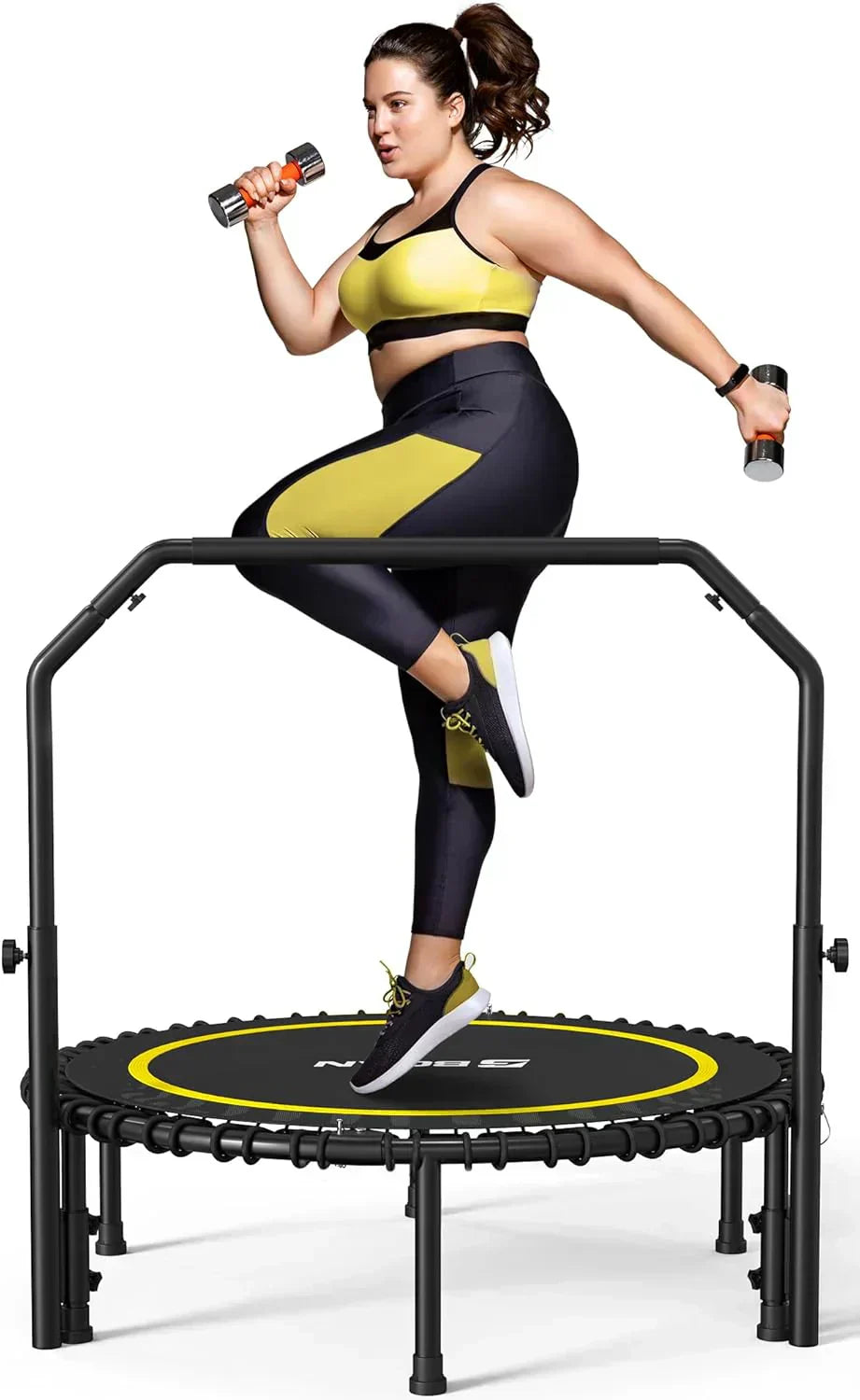 BCAN 450/550 LBS Foldable Mini Trampoline Fitness Trampoline Bungees Adjustable Foam Handle