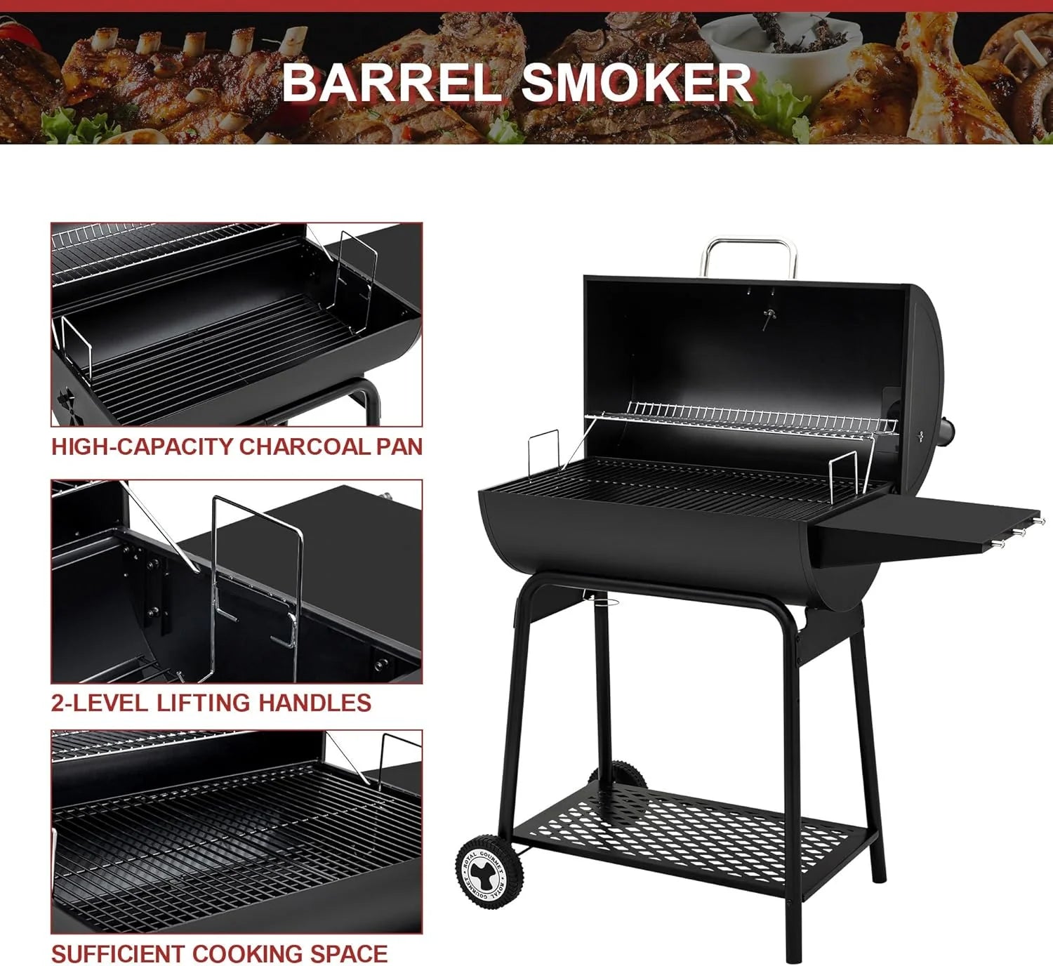 Royal Gourmet CC1830 30 Inch Barrel Charcoal Grill with Side Table, Outdoor BBQ Grill with 627 Sq. In. Cooking Space for Backyard, Patio and Parties, Black