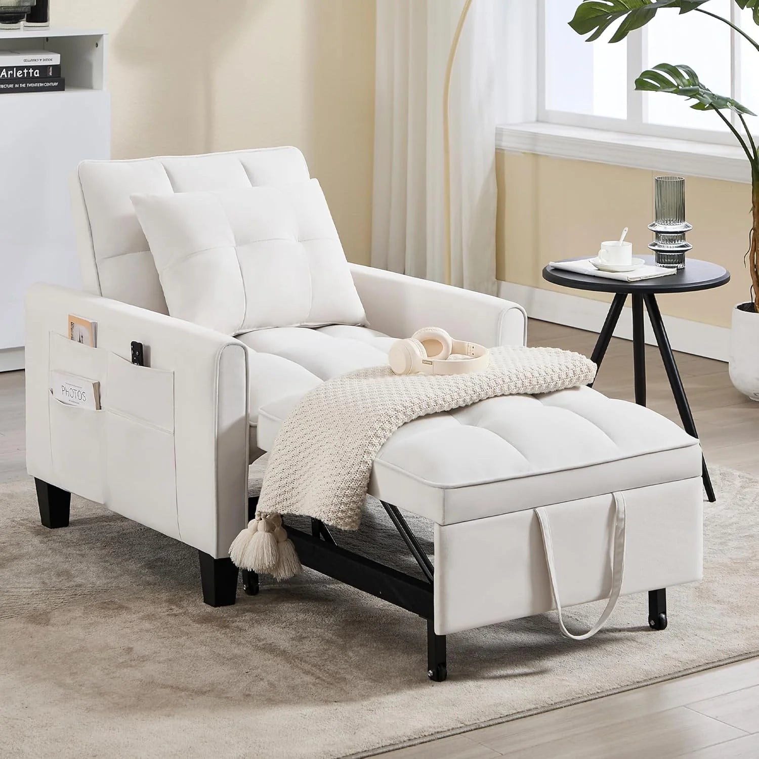 Convertible Sleeper Chair, 3 in 1 Sleeper Chair Bed Pull Out Sofa Bed Chairs, Velvet Single Sofa with Adjustable Backrest