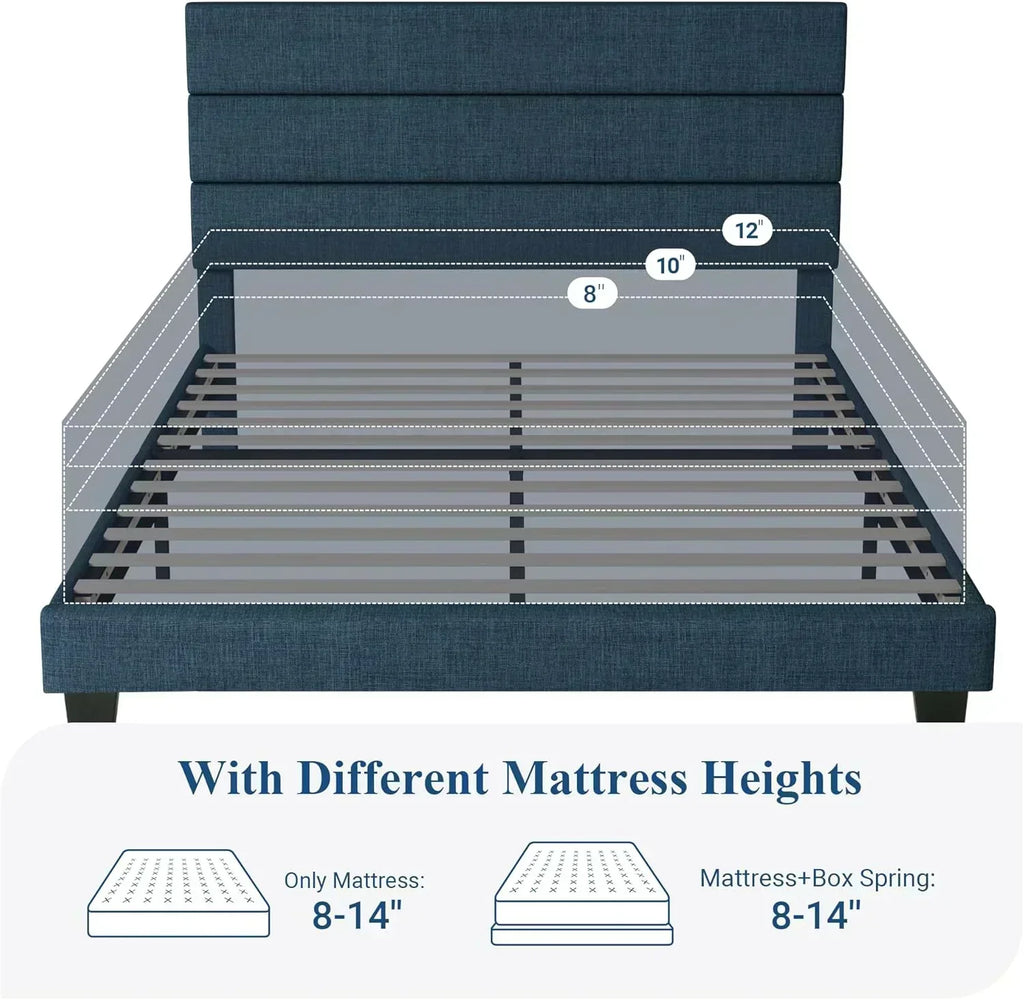 Allewie Queen Size Platform Bed Frame with Fabric Upholstered Headboard Wooden Slats Support