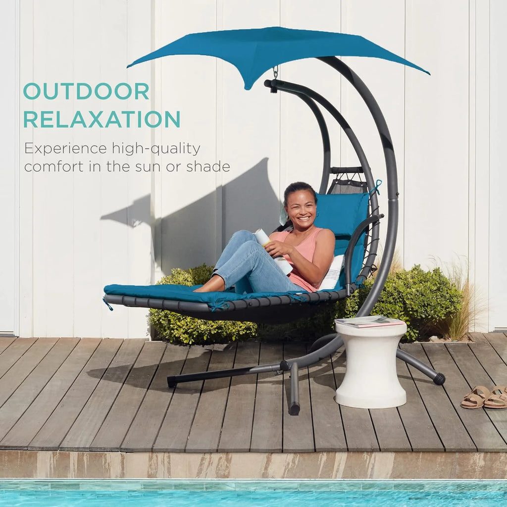 Best Choice Products Outdoor Hanging Curved Steel Chaise Lounge Chair Swing w/Built-in Pillow and Removable Canopy - Charcoal Gray