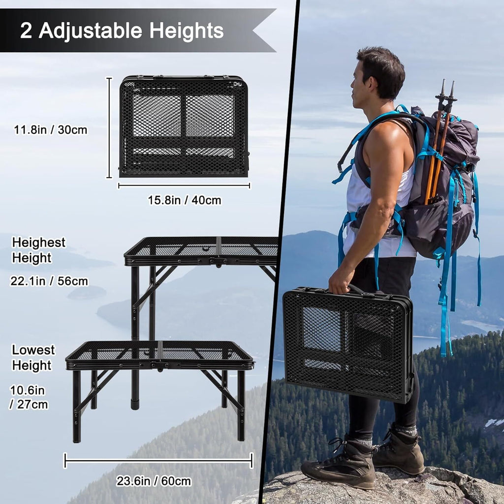 Tiagowell Lightweight Folding Grill Table with Mesh Desktop, Camping Table Folding Portable Camp Aluminum ,Picnic, Backyard, BBQ, Patio, Black