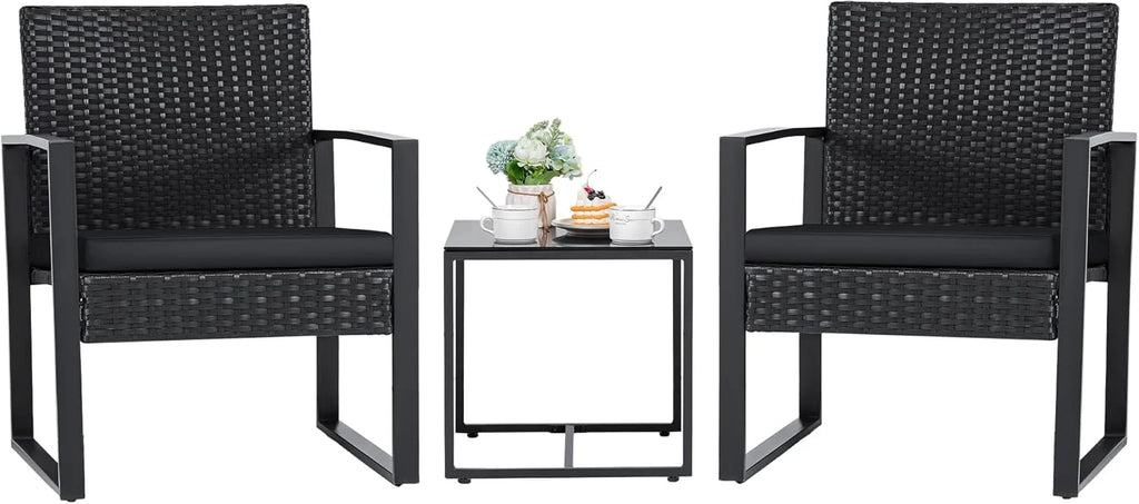 Flamaker 3 Pieces Outdoor Patio Wicker Furniture Set, Modern Rattan Chair Conversation Sets with Coffee Table for Yard and Bistro (Black)