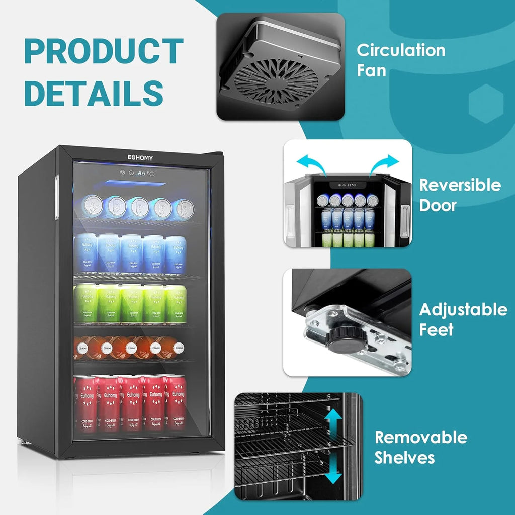 EUHOMY Beverage Refrigerator Cooler, 130 Can Mini Fridge with Glass Door for Soda Beer or Wine, Beverage Cooler for Home, Office, Bar with Adjustable Removable Shelves, Silver