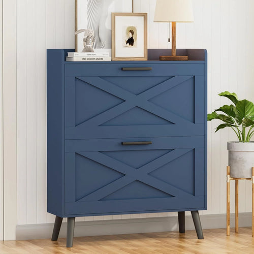 32 wide farmhouse shoe cabinet with 2 flip-top drawers and barn door design, adjustable shelves