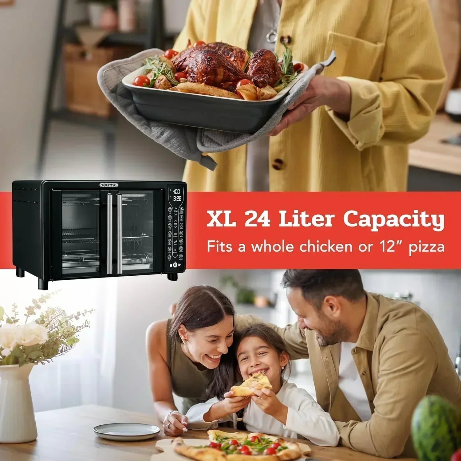 Gourmia Oven Air Fryer Combo with 17 Cooking Presets 24L Capacity Convection Rack