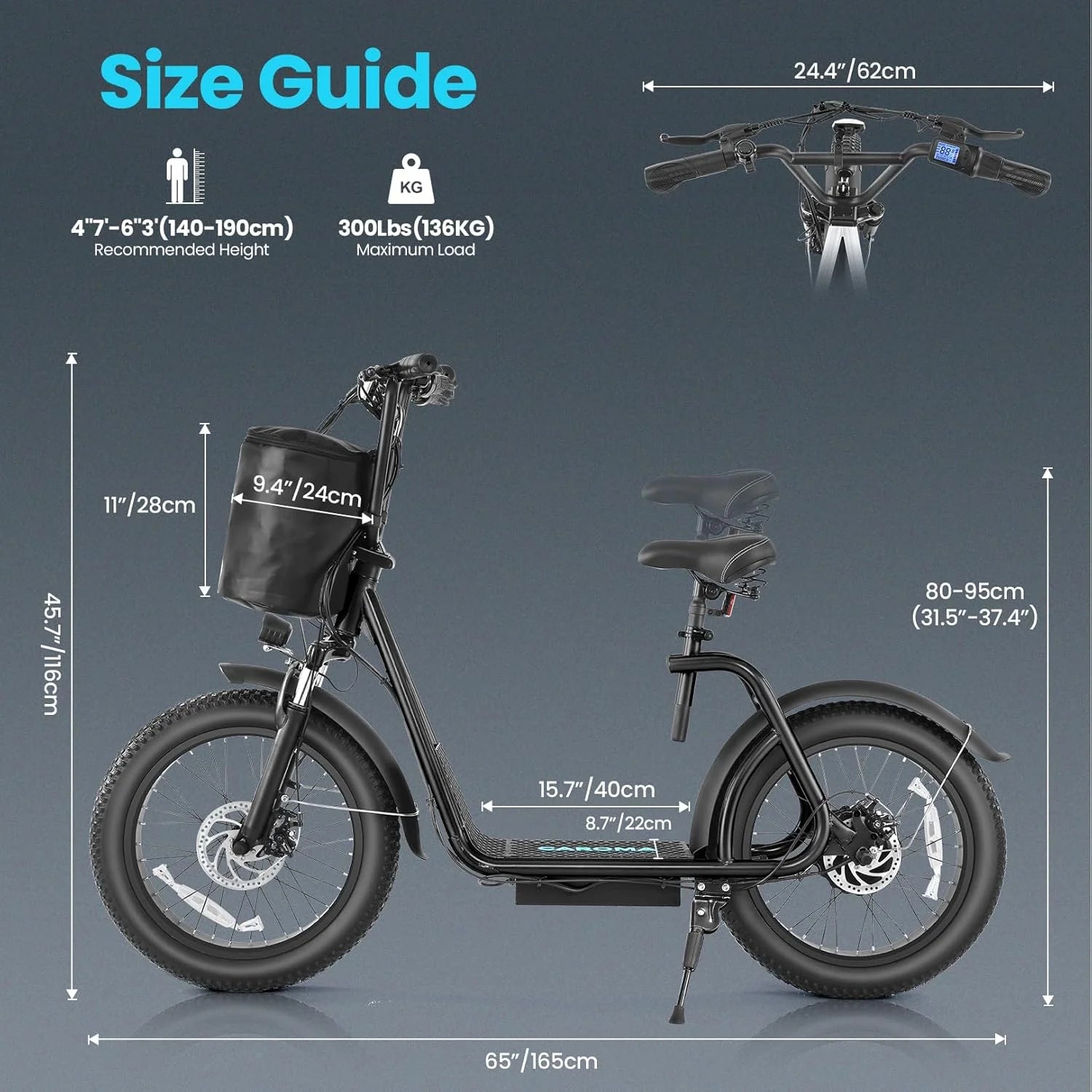 Caroma Peak 800W Foldable Adult Electric Scooter with 20-inch Wide Tires, 48V Battery, Basket, and Adjustable Seat