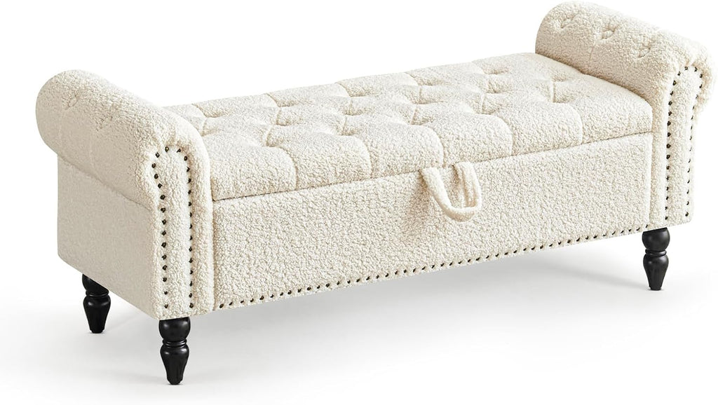 Furniliving Modern Storage Ottoman Bench, Sherpa Ottoman End of Bed Bench with Solid Wood Legs Upholstered Ottoman Benches with Storage Indoor Bench