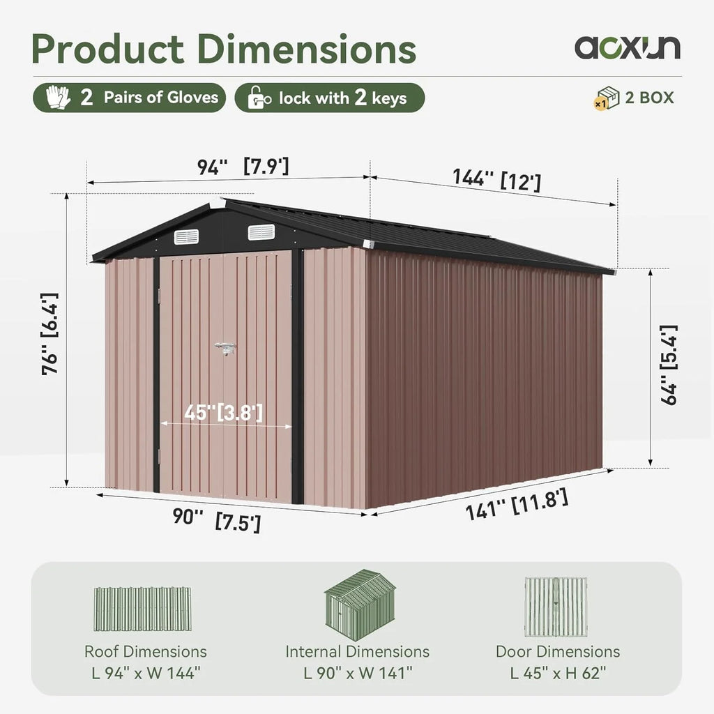 Aoxun 12x10 FT Shed Metal Outdoor Waterproof Storage Shed Steel Utility Garden Tool Shed with Door & Lock Outdoor Storage for Garden Patio Lawn Poolside, Brown