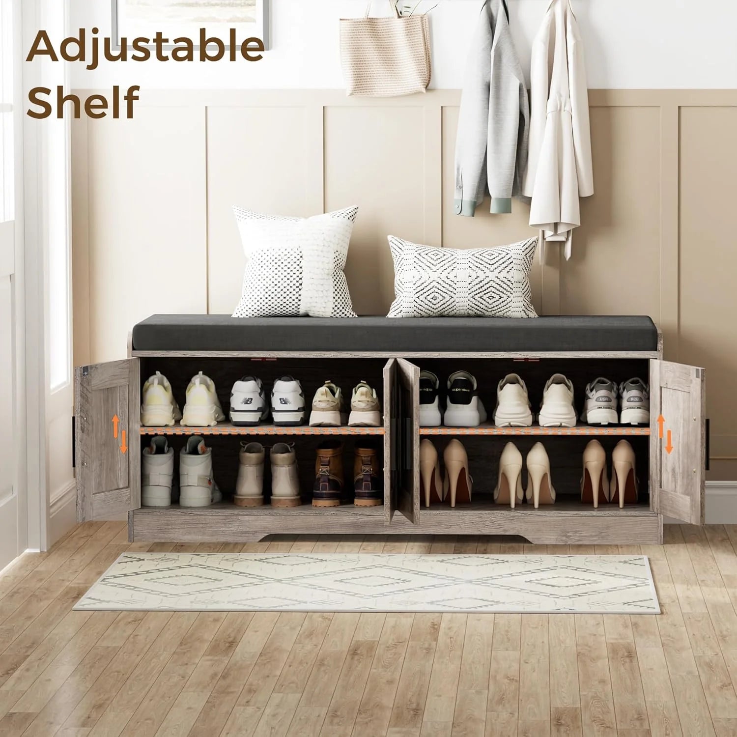 2-Tier Storage Bench, Shoe Bench with Thickened Padded Seat Cushion, Entryway Bench with 4 Doors, Adjustable Shelf
