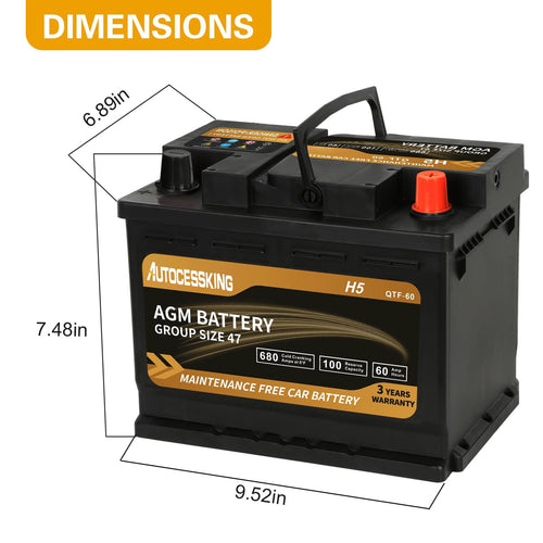 Autocessking Platinum AGM Battery, Group 47 Rechargeable Automotive Batteries for Car, 12V H5 680CCA 60Ah 100RC