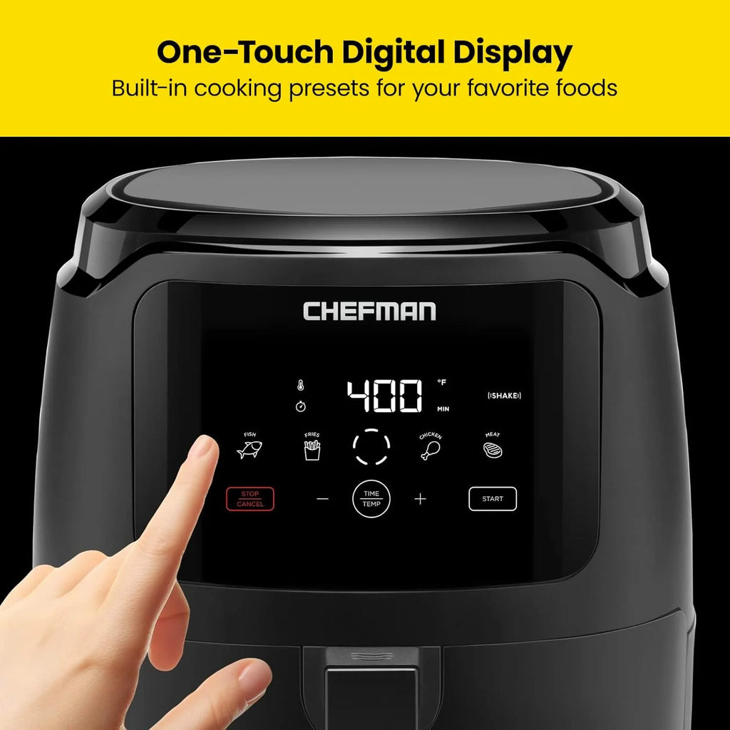 Chefman 6-Quart Double Basket Air Fryer with Easy View Window uses two separate 3-quart nonstick pans.