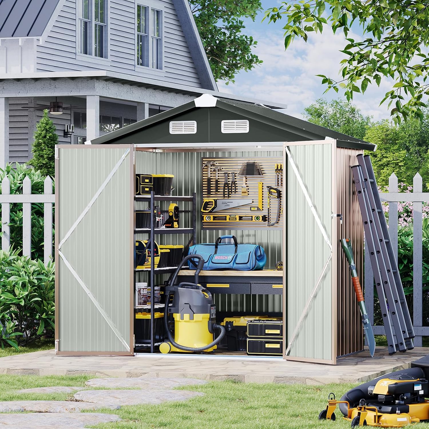 Aoxun 12x10 FT Shed Metal Outdoor Waterproof Storage Shed Steel Utility Garden Tool Shed with Door & Lock Outdoor Storage for Garden Patio Lawn Poolside, Brown