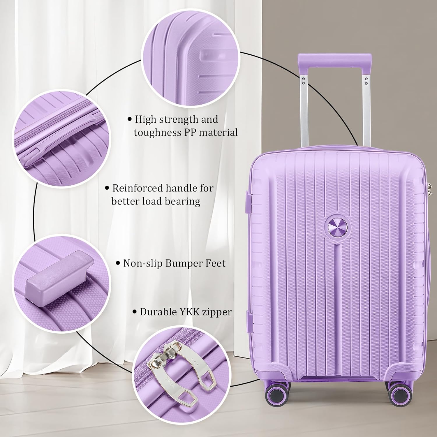 5-piece PP hardshell lightweight travel carry-on luggage set with dual spinner wheels and TSA lock