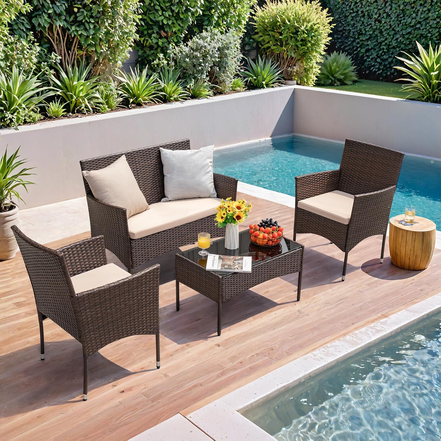 4 piece outdoor patio furniture set rattan chair wicker set