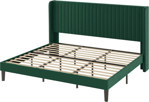 Allewie Full Size Velvet Bed Frame Vertical Channel Tufted Wingback Headboard Upholstered Bed