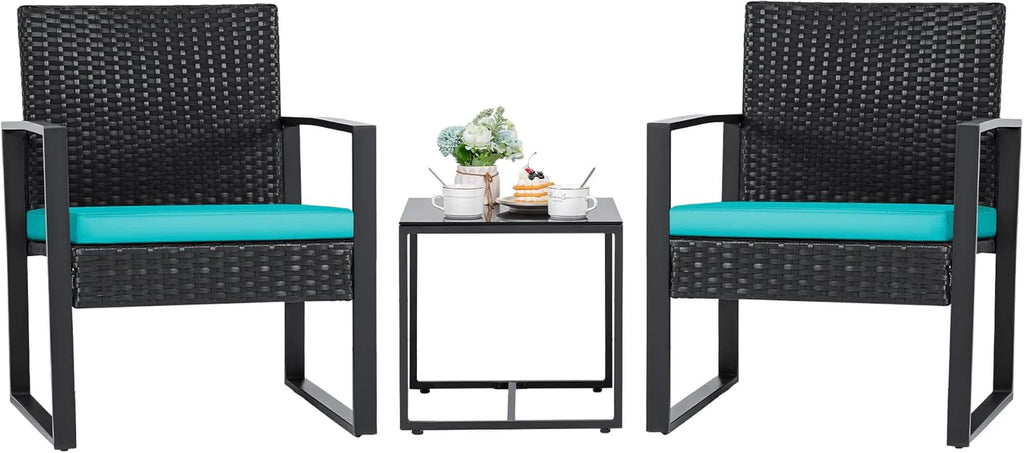 Flamaker 3 Pieces Patio Set Outdoor Wicker Furniture Sets Modern Rattan Chair Conversation Sets with Coffee Table for Yard and Bistro (Black)