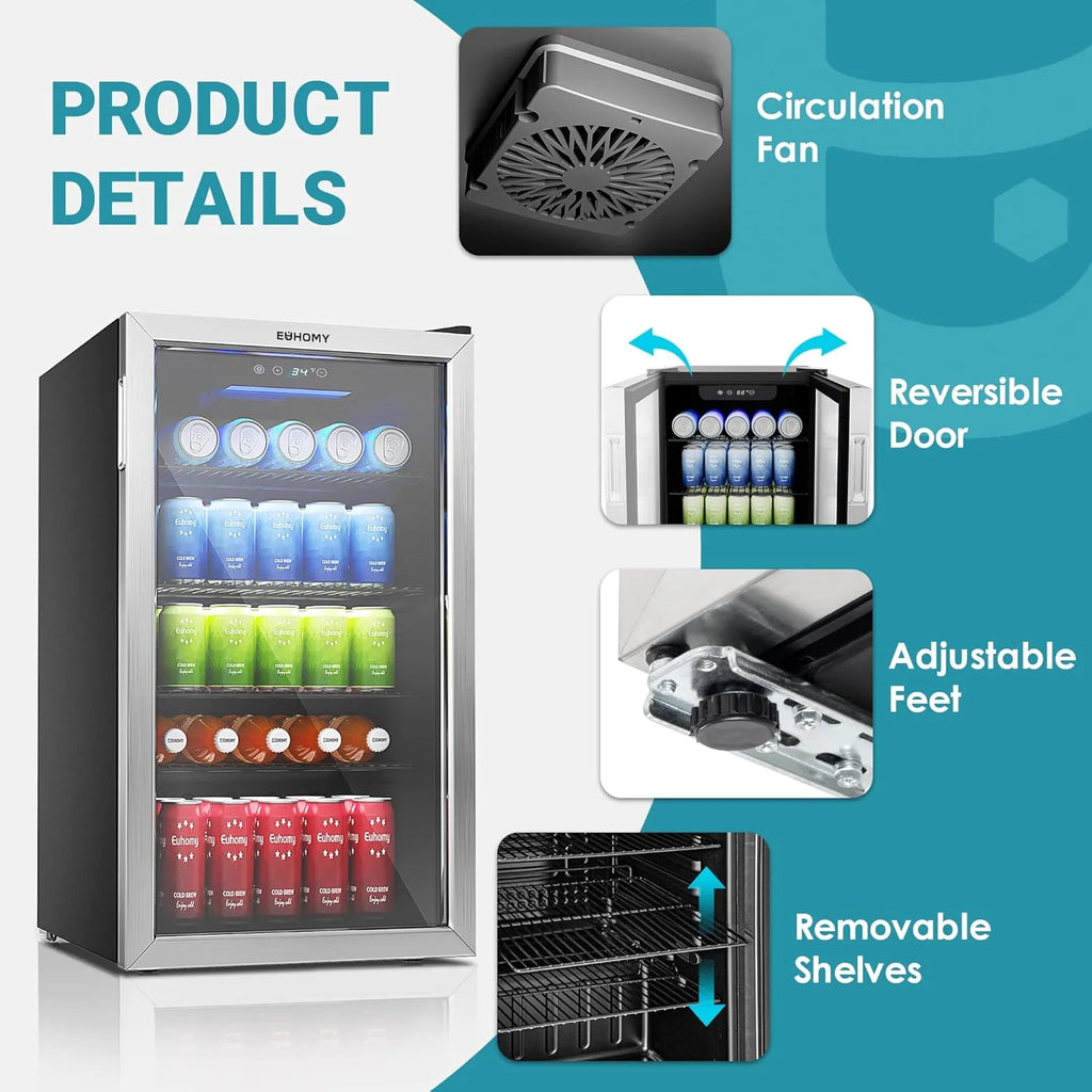 EUHOMY Beverage Refrigerator Cooler, 130 Can Mini Fridge with Glass Door for Soda Beer or Wine, Beverage Cooler for Home, Office, Bar with Adjustable Removable Shelves, Silver
