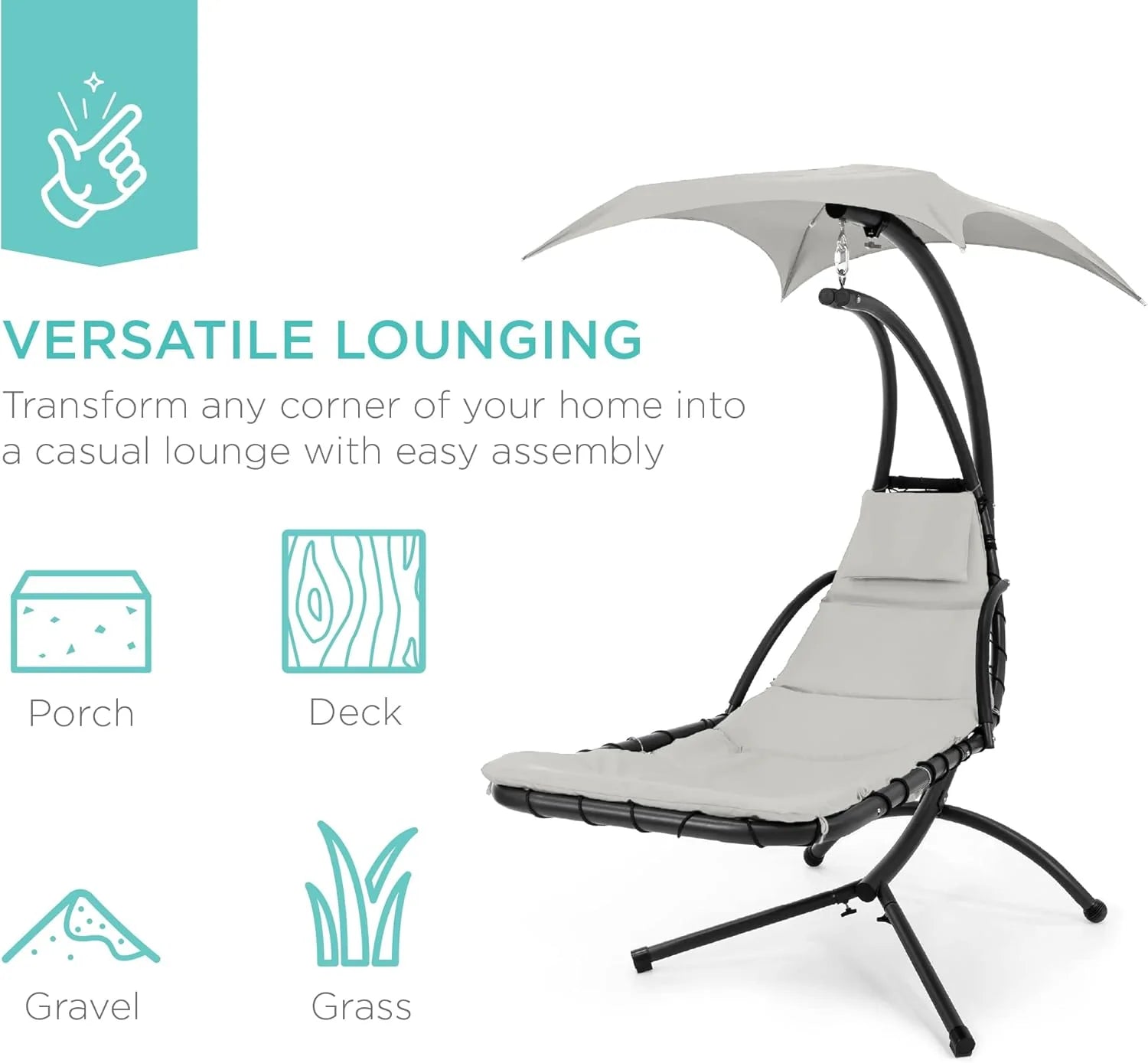 Best Choice Products Outdoor Hanging Curved Steel Chaise Lounge Chair Swing w/Built-in Pillow and Removable Canopy - Charcoal Gray