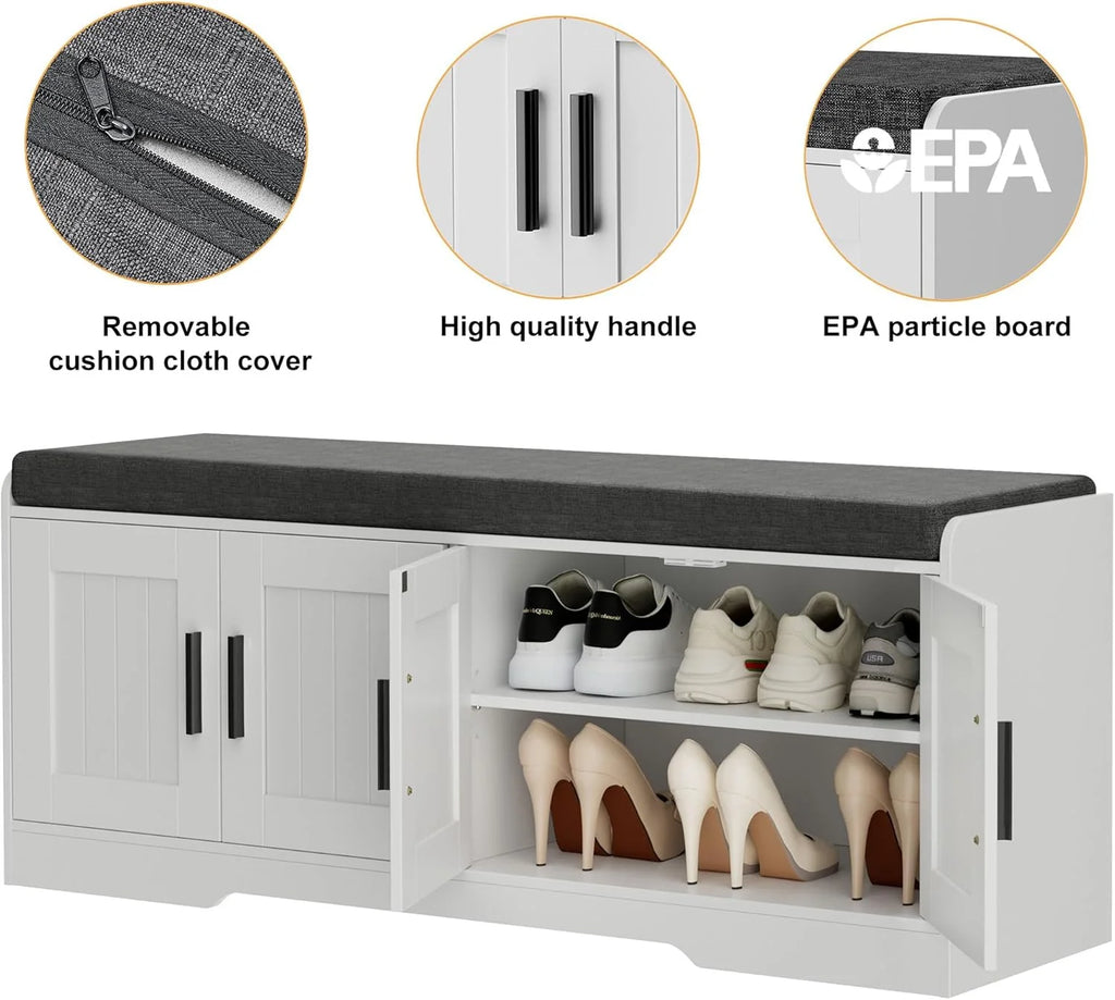 2-Tier Storage Bench, Shoe Bench with Thickened Padded Seat Cushion, Entryway Bench with 4 Doors, Adjustable Shelf