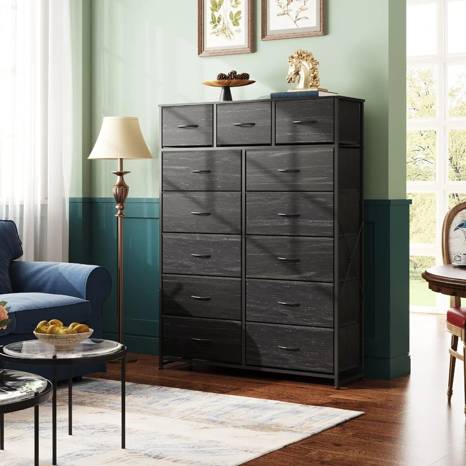 WLIVE Storage Organizer Unit with 13 Fabric Bins, Storage Drawers Organizer with Steel Frame, Tall Storage Tower Organizaton for Living Room, Hallway, Office, Charcoal Black