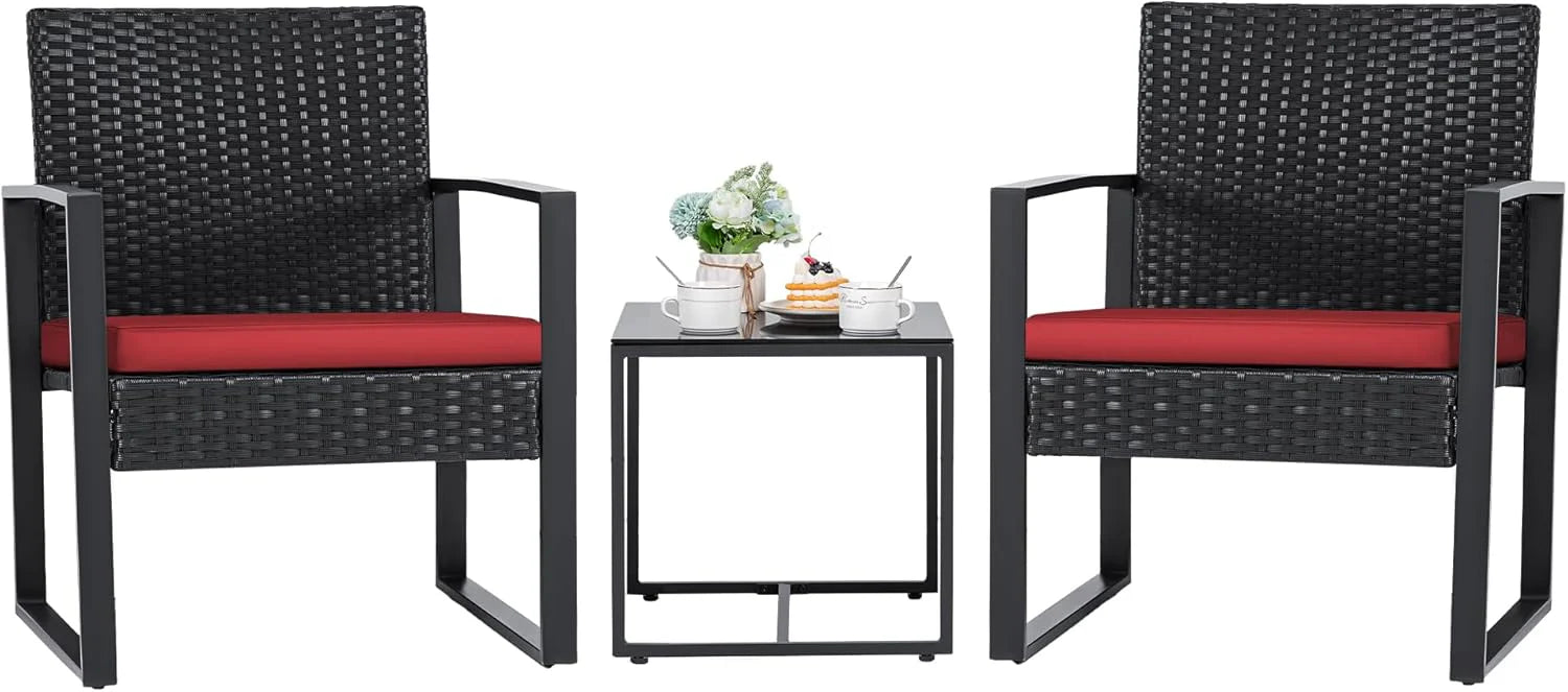 Flamaker 3 Pieces Patio Set Outdoor Wicker Furniture Sets Modern Rattan Chair Conversation Sets with Coffee Table for Yard and Bistro (Black)