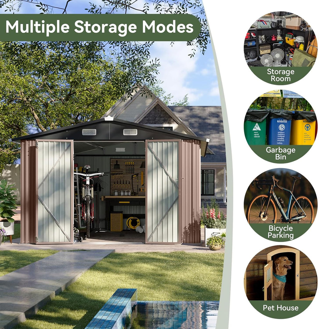 Aoxun 12x10 FT Shed Metal Outdoor Waterproof Storage Shed Steel Utility Garden Tool Shed with Door & Lock Outdoor Storage for Garden Patio Lawn Poolside, Brown